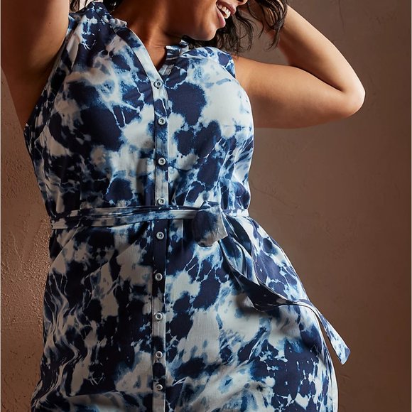 Torrid 1X XL Shirt Challis Dress Blue Tie Dye Button Front Boho Stretch Plus NWT - Picture 4 of 4